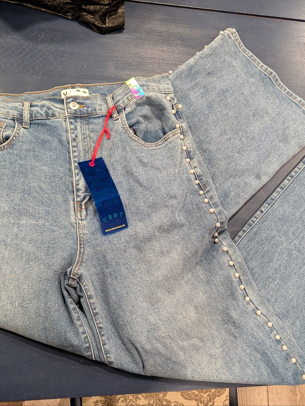 Brand New wide Leg Jeans With Faux Pearls